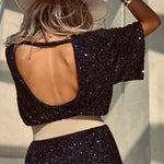 Night Moves Sequin Fabric Short Sleeve Backless H-line Mini Dress