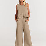 Nadorine 2 Piece Outfits Sleeveless Ruffle Tank Crop Top and Wide Leg Pants Lounge Set with Pockets