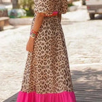 Bright Pink V-neck Leopard Print Colorblock Maxi Dress