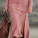 Lapel Collar Zip-up Side-slit Embroidered Faux Suede Long-sleeved Midi Dress