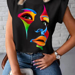 Cap Sleeve Loose Multi-Colored Printed High-Neck T-Shirts Tops