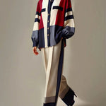 Long Sleeves Loose Buttoned Contrast Color Split-Joint Stand Collar Blouses&Shirts Tops