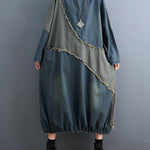 Original Loose Denim Contrast Color Round-Neck Long Sleeves Midi Dress