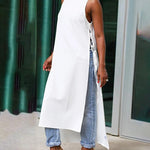 High-Low Loose Lace-Up Solid Color Split-Joint Split-Side Round-Neck Vest Top