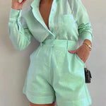 Cotton and Linen Long Sleeve Loose Shorts Set