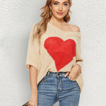 V Neck Crochet Sweater Off Shoulder 3/4 Sleeves Loose Knit Cute Heart Pullover Top