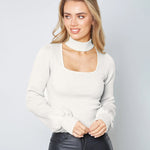 Lantern Sleeve Hollow Half Turtleneck Knit Sweater