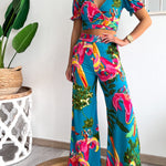 Floral Print V Neck Short Sleeves Crop Top Elastic Waist Wide Leg Pants Set