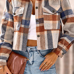 Lapel Pocket Fashion Casual Cropped Ladies Plaid Jacket