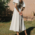 Puff Sleeve Deep V-Neck Open Back Tie Elegant Long Dress
