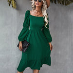 Solid Square Neck Bishop Sleeve Flounce Hem Dress
