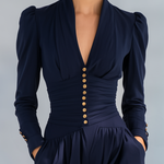 Stylish Elegant Button-decorated V-neck Long-sleeved Maxi Dress