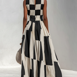 Fashionable Check And Stripe Pattern Sleeveless Maxi Dress