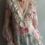 Romantic Floral Sheer Chiffon Ruffle Blouse With Lace Neckline