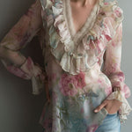 Romantic Floral Sheer Chiffon Ruffle Blouse With Lace Neckline