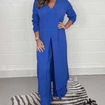 Nadorine Casual Two Pieces Suit V-Neck Long Sleeve Slit Hem Shirt Tops Wide-Leg Pants Sets