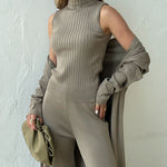 Nadorine Women's Casual Knitted Three-piece Set Slim Fit Vest with Cardigan and Wide-leg Pants