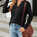 Solid Color V-Neck Button Loose Long Sleeve T-Shirt Top