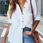Nadorine Solid Color Casual Long Sleeve Pocket Blouse for Women Casual Work Office Loose Fit 2026 | Under