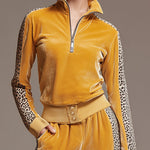 Casual Sporty Retro Leopard Print Trim Yellow Velvet Sweatshirt Wide-Leg Pants Set