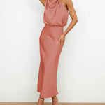 Long Formal Satin Dress Mock Neck High Neck Evening Dress