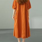 Summer Short Sleeve V-Neck Solid Cotton Casual Dress with Pockets