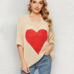 V Neck Crochet Sweater Off Shoulder 3/4 Sleeves Loose Knit Cute Heart Pullover Top