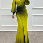 Julieta Gradient Print Boat Neck Off Shoulder Gem Detail Slit Gown Maxi Dress