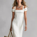 Women's White Textured Dress With Cold-Shoulder Design & Contrast Trim, Timeless Sleek-Chic Style  Dress