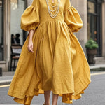 Loose Puff Sleeves Solid Color Round-neck Maxi Dresses