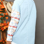 Frayed Denim Jacket Vintage Boho Tribal Button Down Patchwork Shirt Shacket