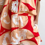 Linen Blend Unique Printed Shirt Top and Elastic Waisted Loose Pocket Shorts Set