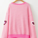 Pink Stripe Sequin Heart Patches Pattern Long Sleeve Valentines Top
