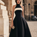 Halter Neck Contrast Panel A-Line Midi Dress