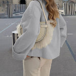 Women's Round Neck Long Sleeve Oversized Plush Knitted Thick Warm Pullover Sweater Top