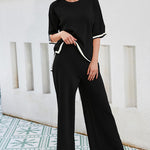 Nadorine Contrasting Color Slit Short-sleeved Sweater Wide-leg Trousers Two-piece Set
