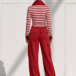 Fashionable Sporty Striped Sweatshirt And Red Cargo Pants Set With Half-zip
