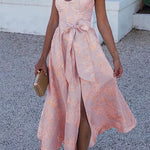 Margovil Ruffled Shoulder Bow Knot Waist Slit Printed Vintage Party Dress