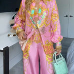 Margovil Unique Print Lantern Long Sleeves Blouse Shirt and Wide Leg Pants Holiday Outfit Set