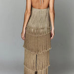 Margovil Chicest Halter Ruffle Layered Fringe Maxi Party Dress