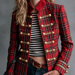 Retro Red Plaid Frog Button Velvet Collar Jacket