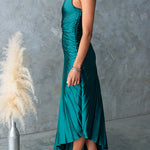 Margovil One Shoulder Cut Out Waist Pleated Satin Maxi Dress