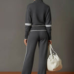 Retro Sporty Webbing Grey-white Half-zip Sweatshirt And Wide-leg Pants Set