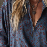 Western-style Casual Leopard Print Blue Faux Suede Shirt