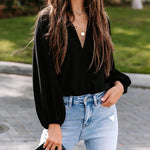 Nadorine V Neck Chiffon Plain Long Sleeve Loose Casual Work Office Blouses