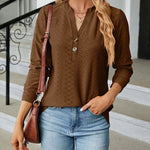 Solid Color V-Neck Buttoned Jacquard Loose-Fitting Long-Sleeved T-Shirt Top