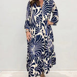 Printed Shirt Dresses V-Neck Three Quarter Sleeves Midi Dress