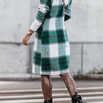 Women's Mid Length Double Breasted Plaid Print Woolen Coat