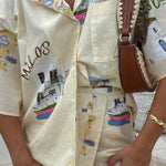 Kea Linen Blend Unique Print Short Sleeve Shirt and High Rise Wrap Panel Miniskirt Set