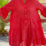 V-Neck 3/4 Sleeve Loose Embroidered Hollow Out Plus Size Blouse Dress